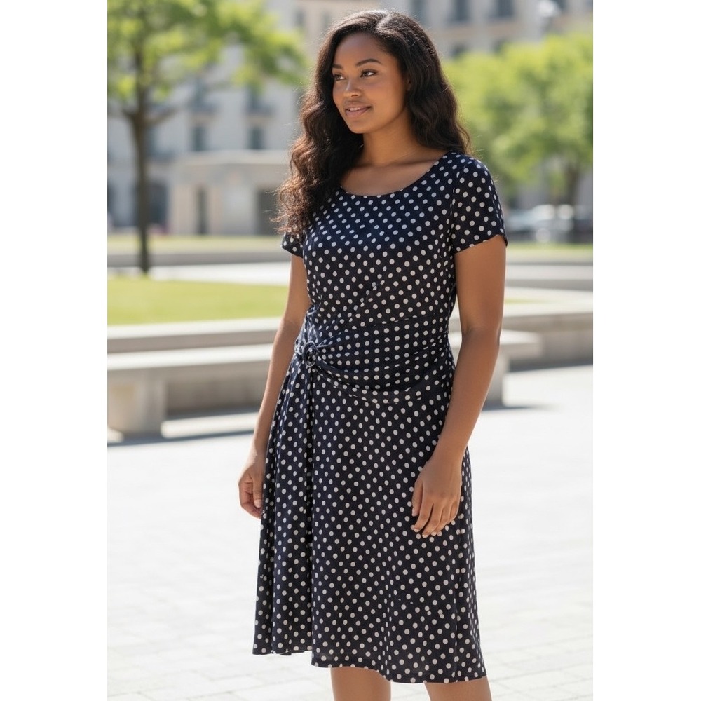 Perceptions‎ New York Polka Dot Midi Dress XL Purple White Side Drape Buckle